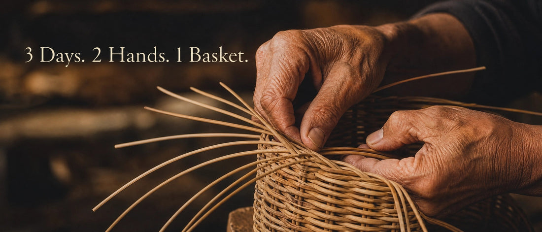Artisan hands weaving a natural rattan basket by hand —  the craft behind every Serein Home woven piece