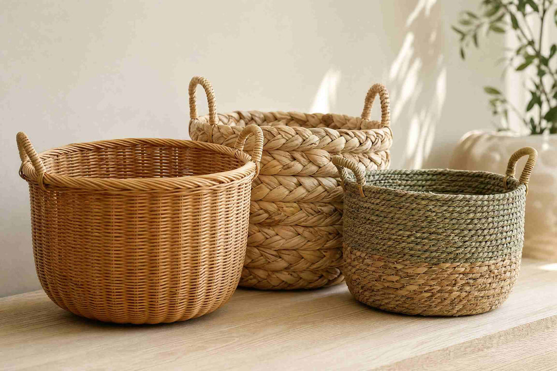 Three handwoven baskets — rattan, water hyacinth, and seagrass — grouped side by side in soft natural light, showing their different natural fiber textures.