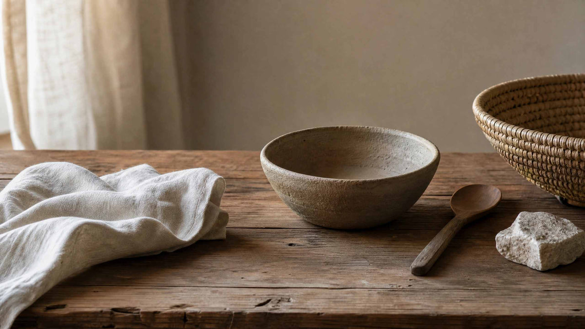 Wood, linen, clay, woven fiber and natural stone gathered in a quiet modern home