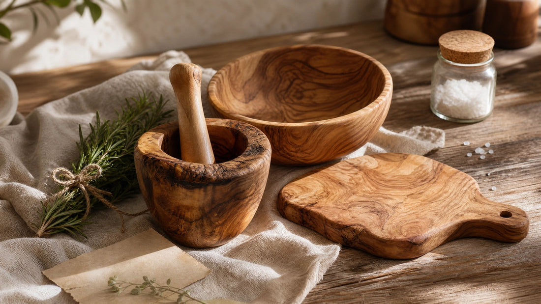 Handcrafted olive wood mortar and pestle, bowl, and cutting board styled with rosemary and sea salt on linen — kitchen gift set for slow living