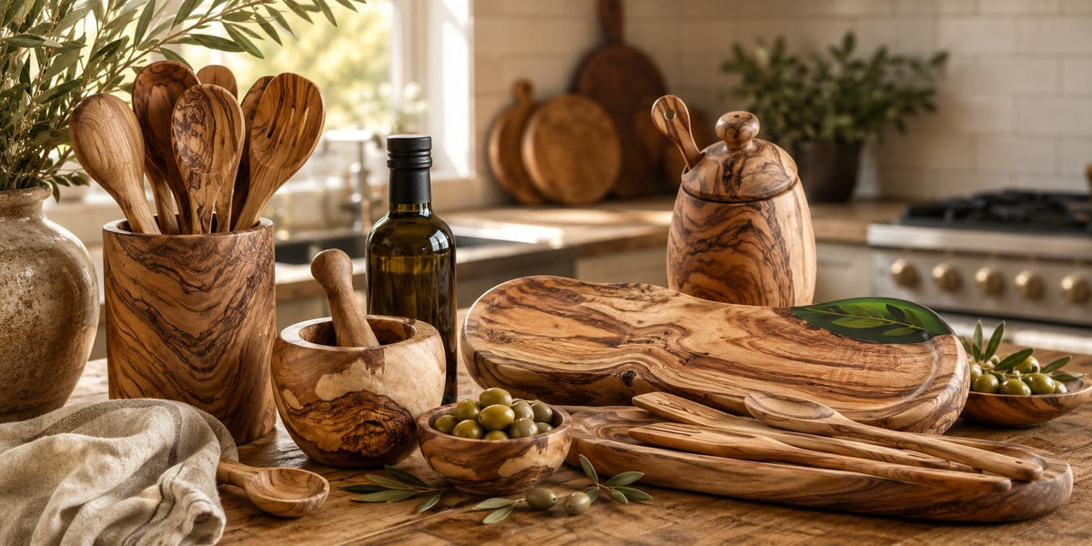 Handcrafted olive wood kitchenware set with natural grain and green resin inlay serving board.