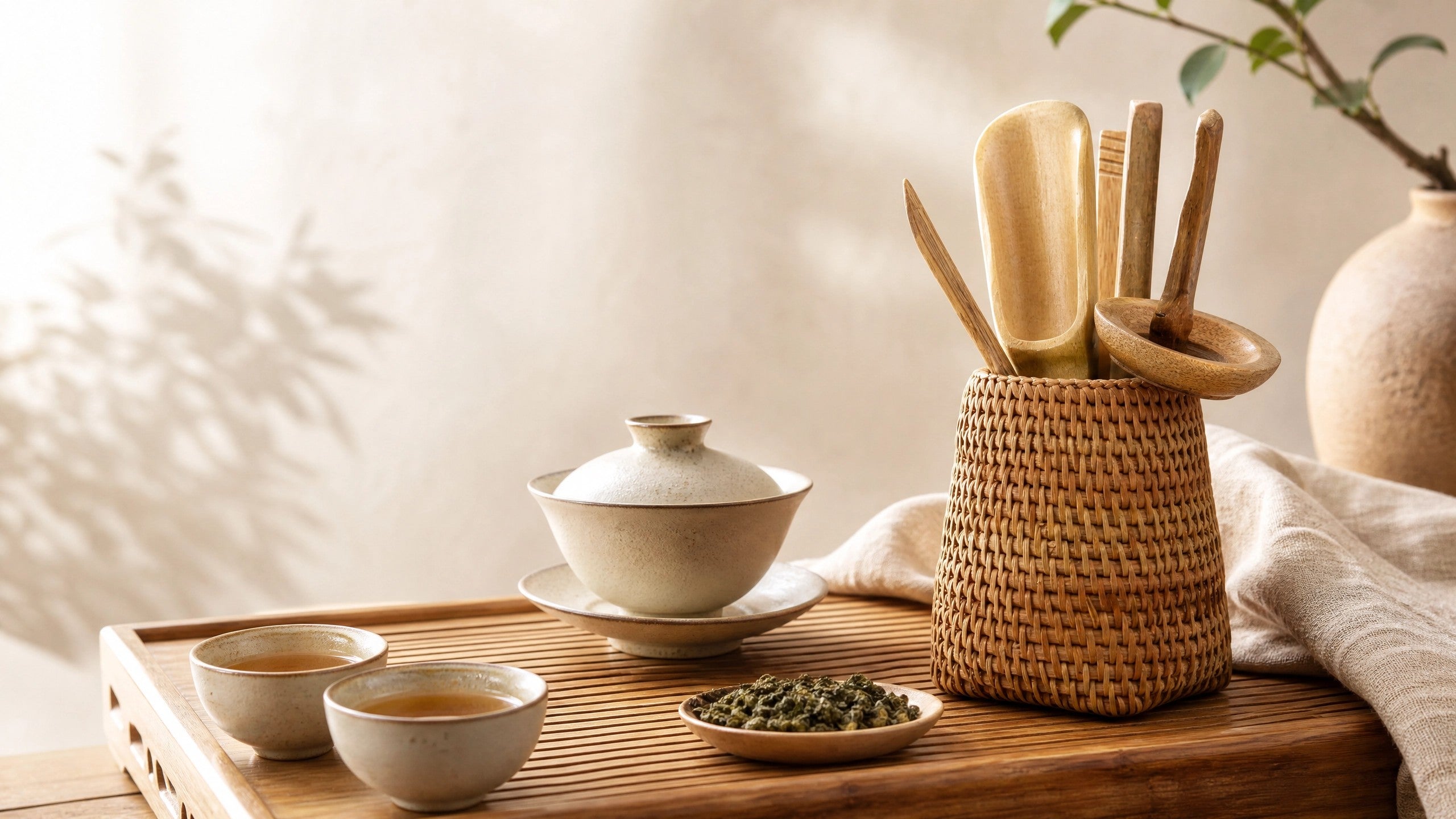 Handwoven rattan tea utensil holder with Chinese tea tools on a natural tea tray