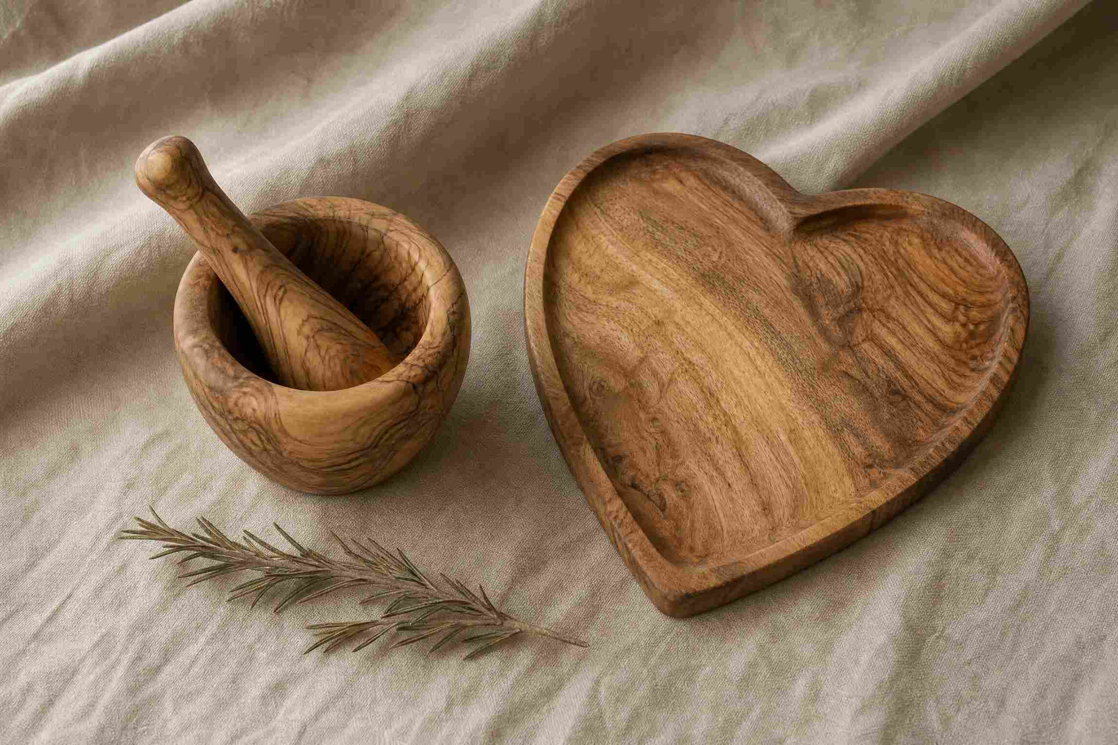 Olive wood mortar and pestle beside an acacia wood heart serving tray on natural linen — a side-by-side comparison of two hardwoods for the kitchen