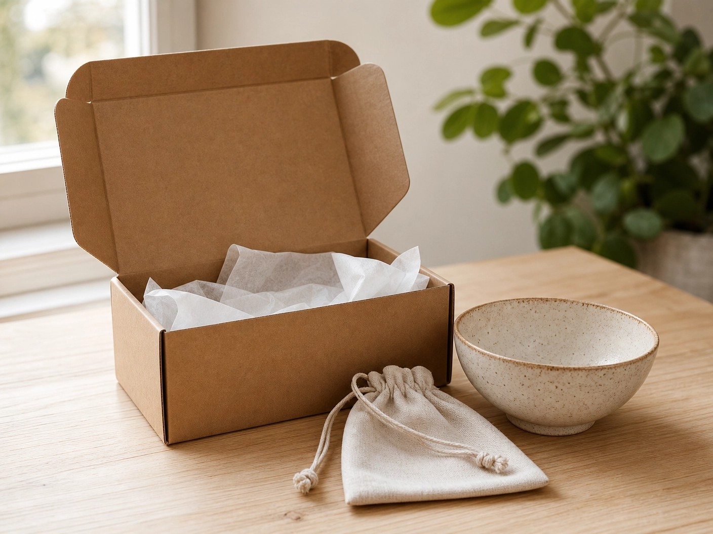 Warm home decor styled on a wooden shelf — ceramic bowl, terracotta plant pot, and linen cushion in soft morning light | Serein Home