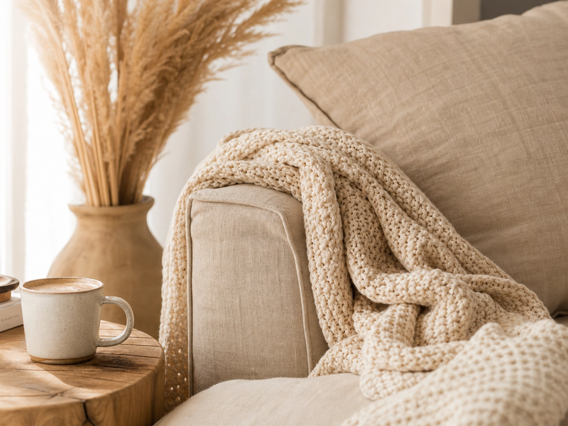 Cozy living room corner with a chunky knit throw on a linen sofa, ceramic mug on a wooden side table, and dried pampas grass in warm afternoon light | Serein Home