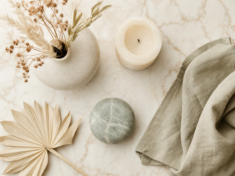 Minimal home decor flat lay on white marble — stone ceramic vase with dried flowers, pillar candle, smooth pebble, dried palm leaf, and sage linen cloth | Serein Home