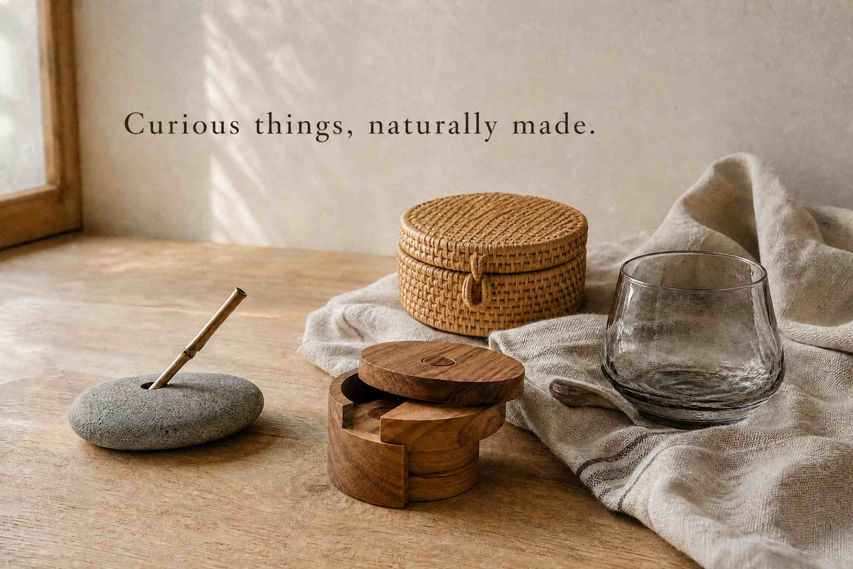 Natural home objects in wood, rattan, glass, linen and stone from The Serein Edit