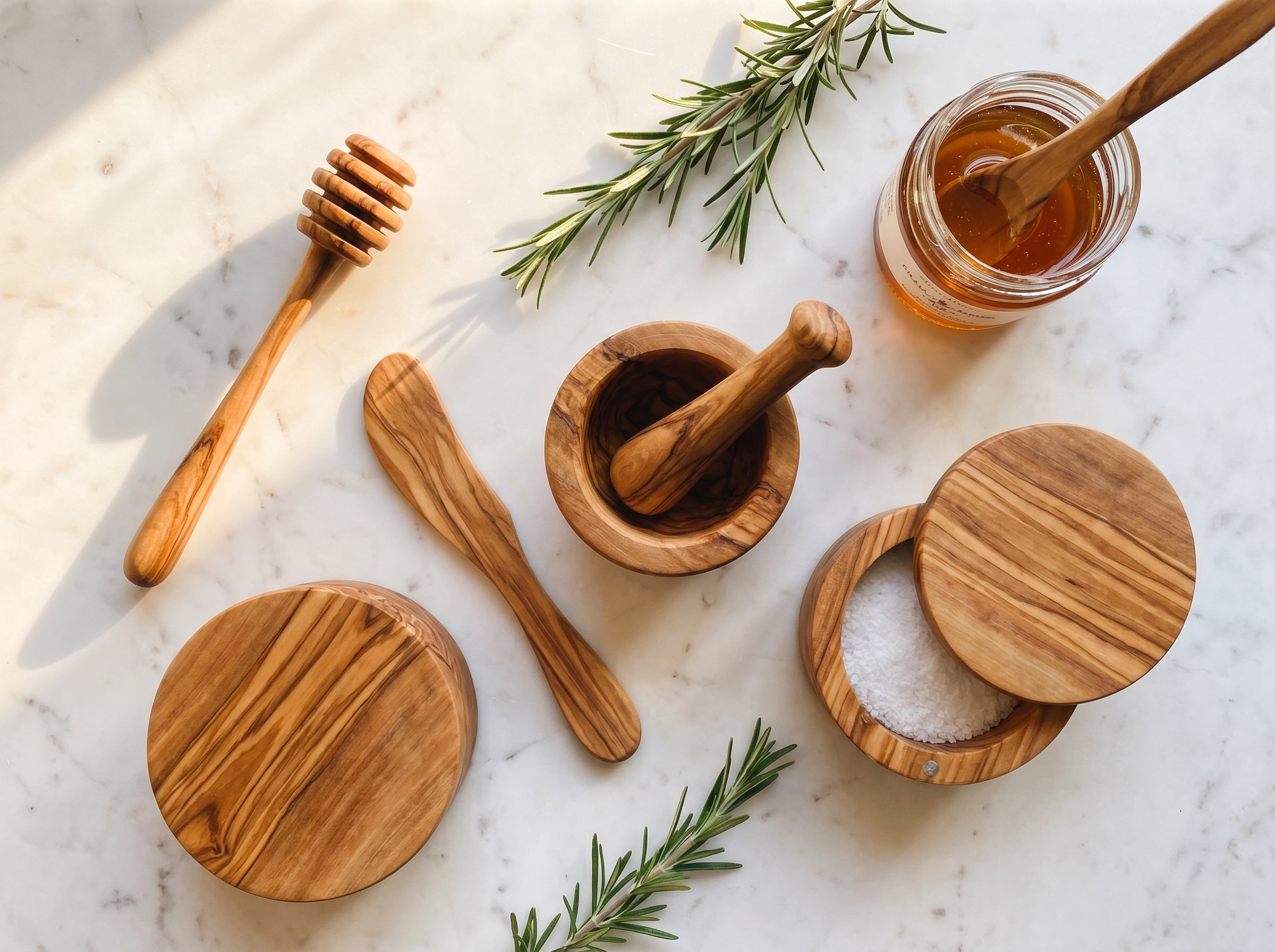 Artisan olive wood kitchen tools on white marble — honey dipper, mortar and pestle, butter spreader, and salt cellar with fresh rosemary | Serein Home