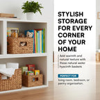 White shelves with wicker baskets containing books and a teddy bear, with text about stylish storage solutions.