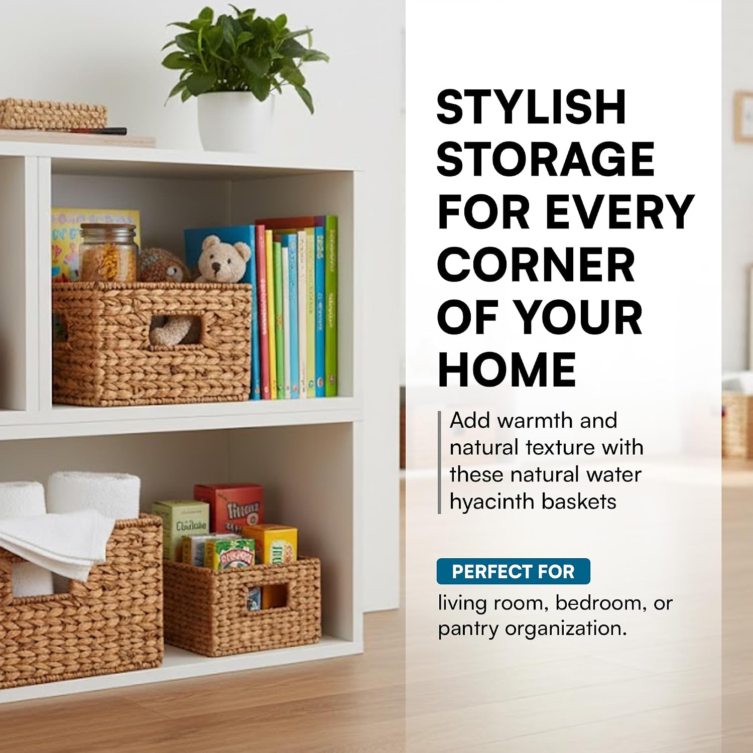 White shelves with wicker baskets containing books and a teddy bear, with text about stylish storage solutions.