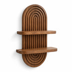 Serein Home two-tier arched wall-mounted decorative shelf in warm brown, shown empty on a white background