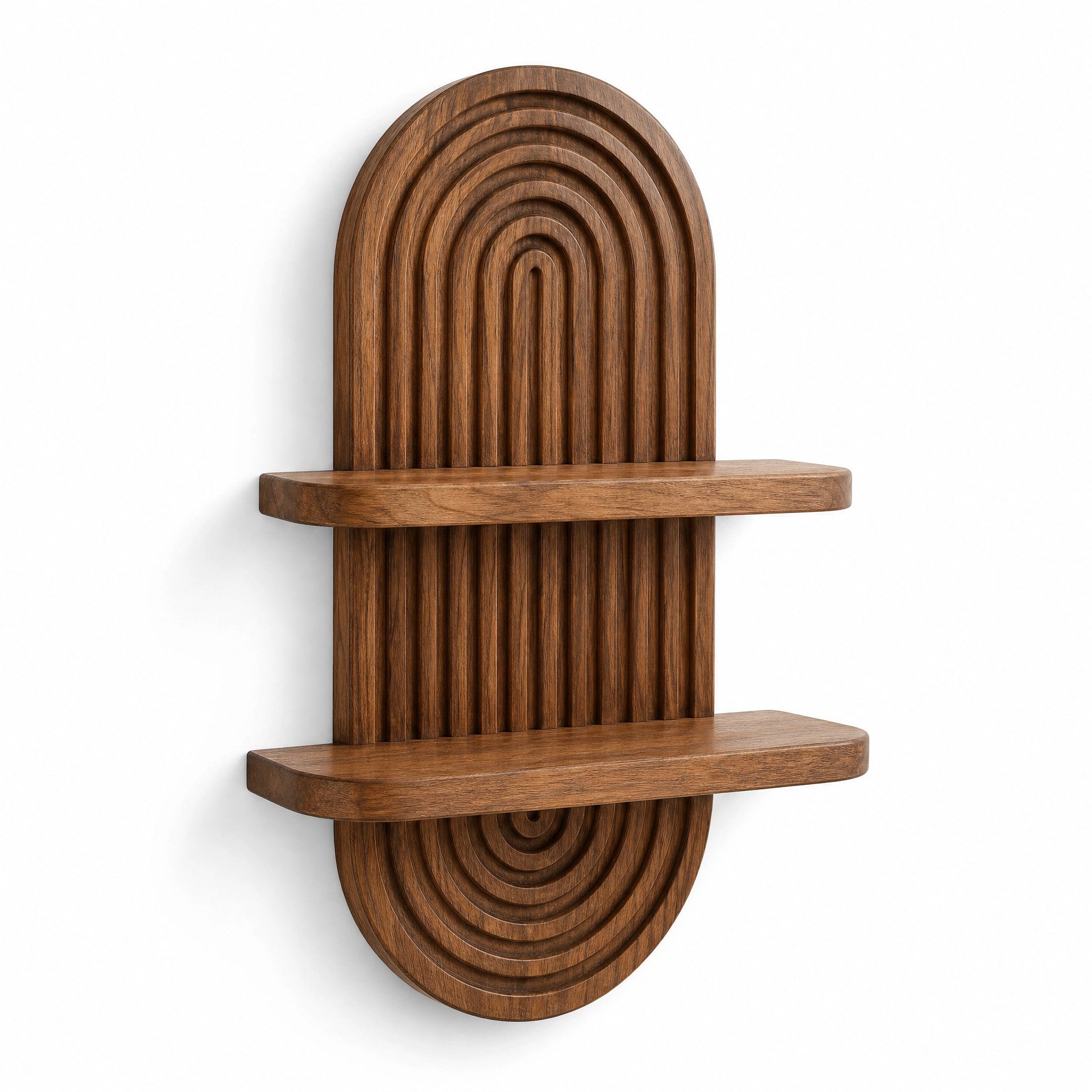Serein Home two-tier arched wall-mounted decorative shelf in warm brown, shown empty on a white background