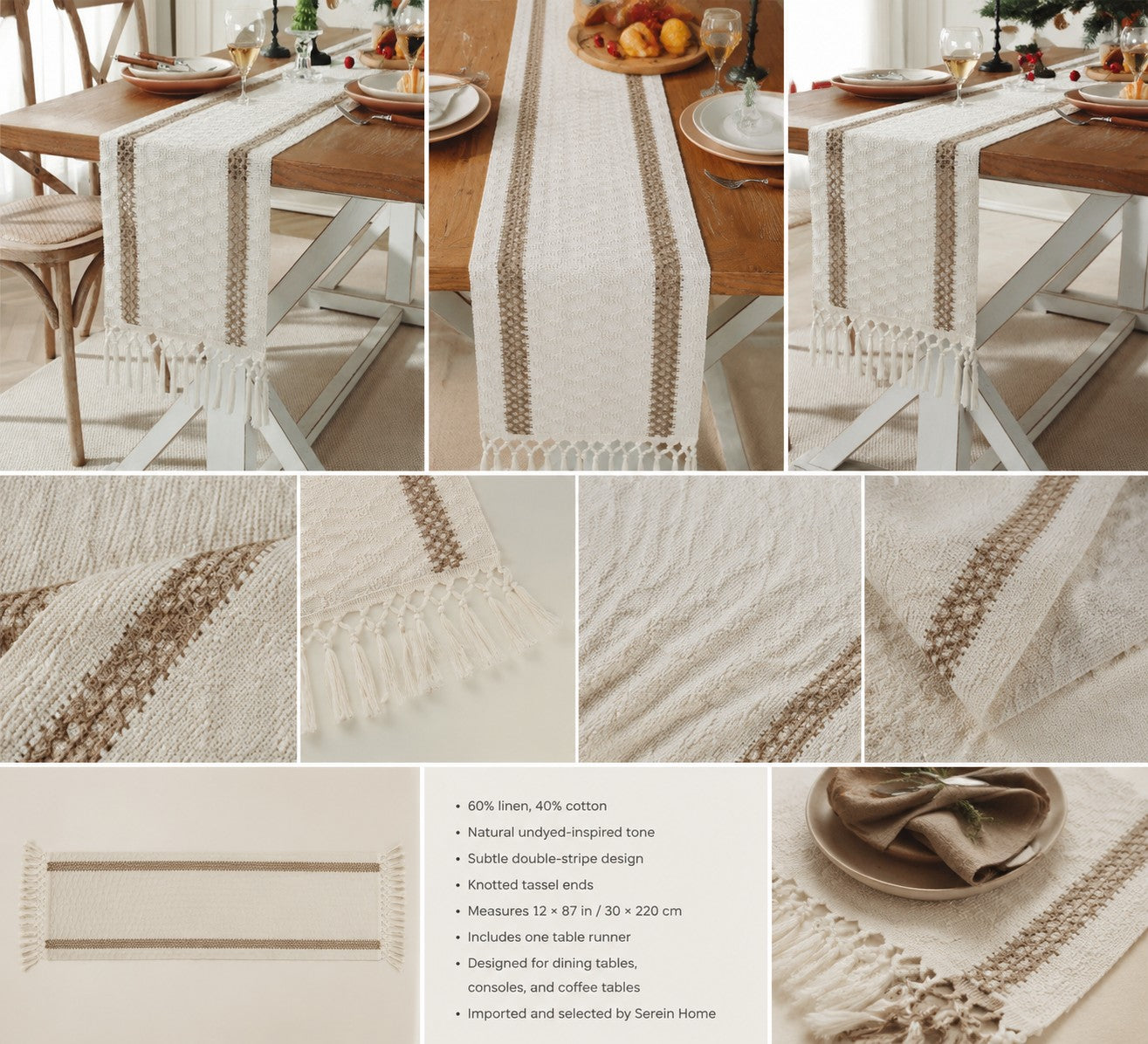 Natural Cotton-Linen Table Runner with Knotted Tassels