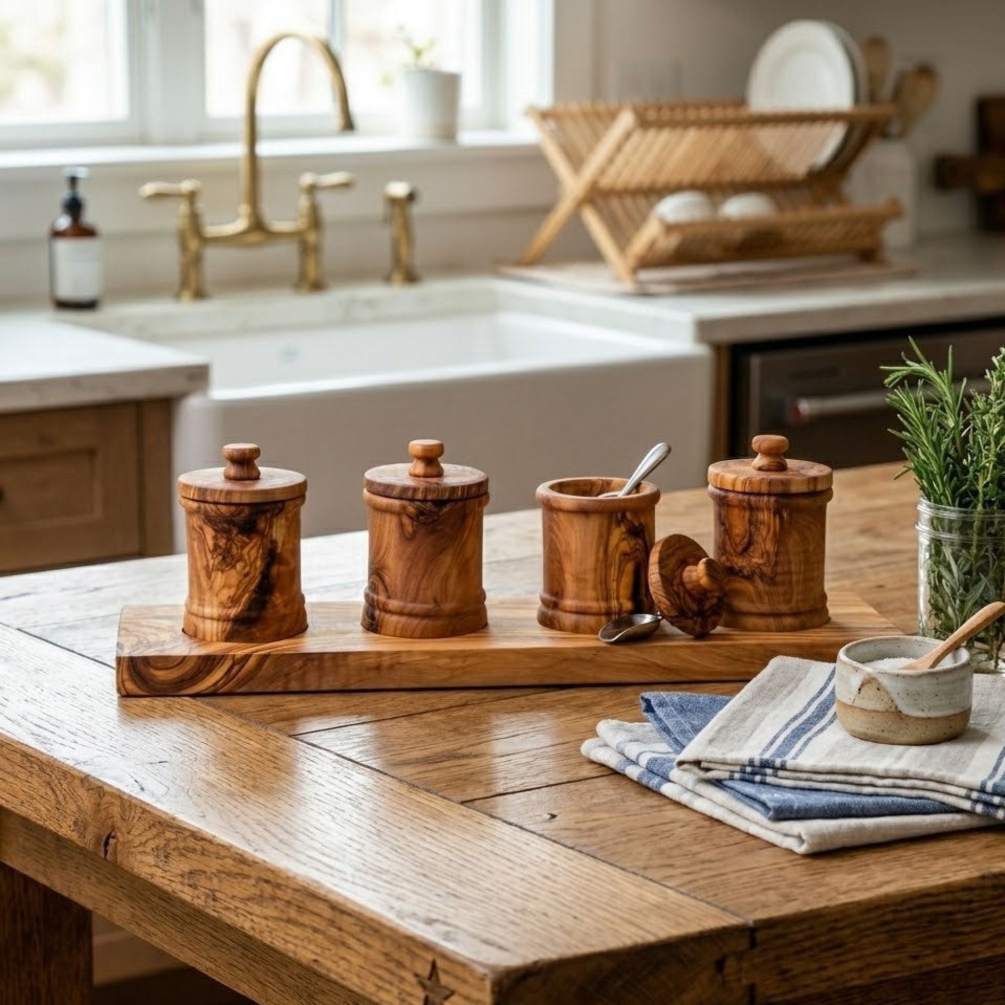 Four olive wood canisters on a long carved base for pantry storage.