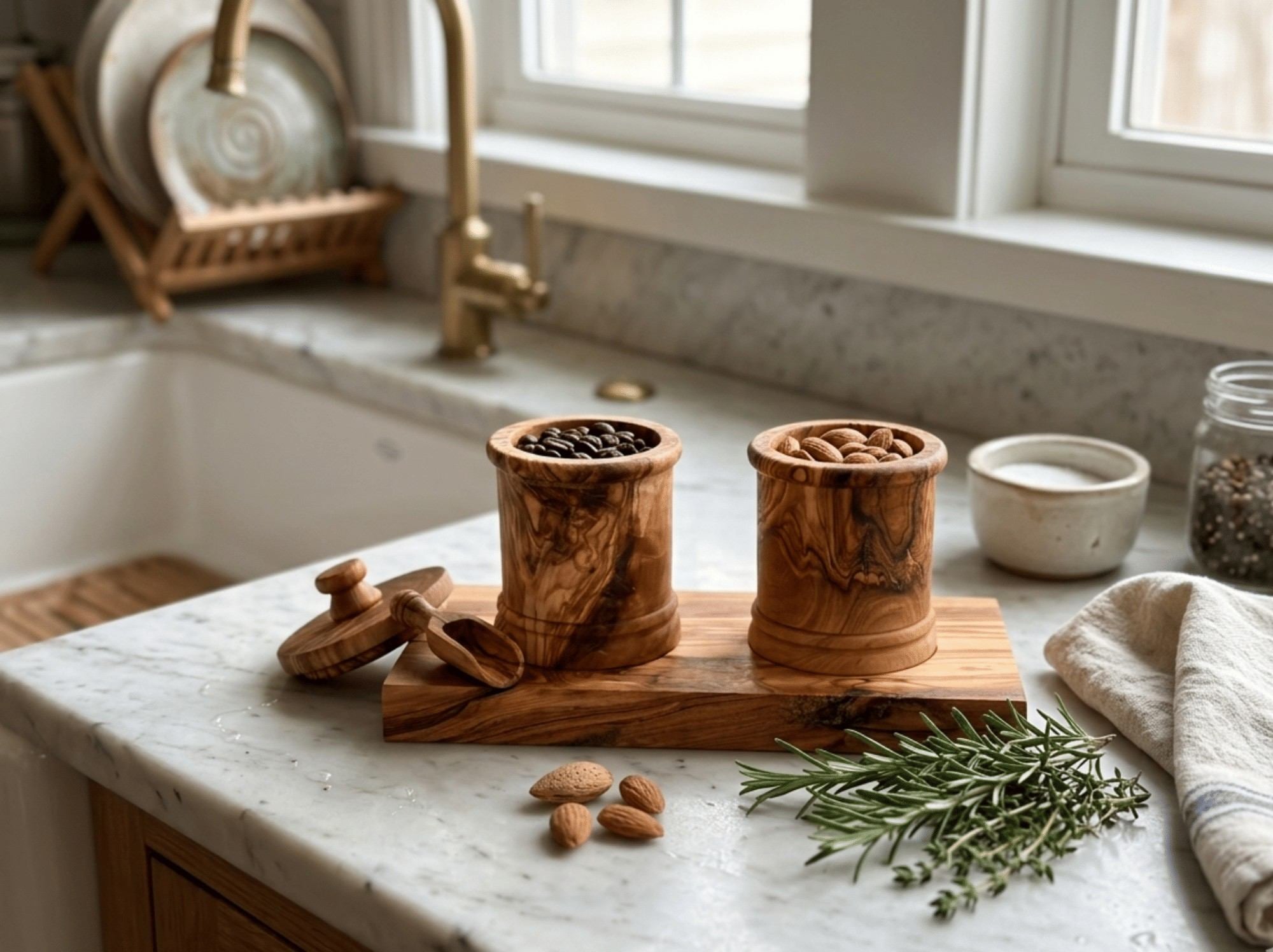 Olive wood canisters styled on a warm pantry shelf with dry kitchen essentials.