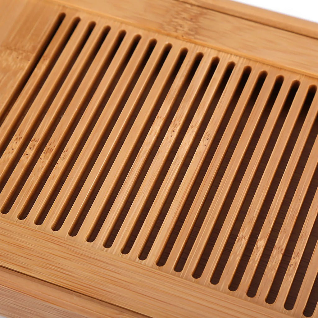 Close view of the narrow bamboo slats that let water drain through