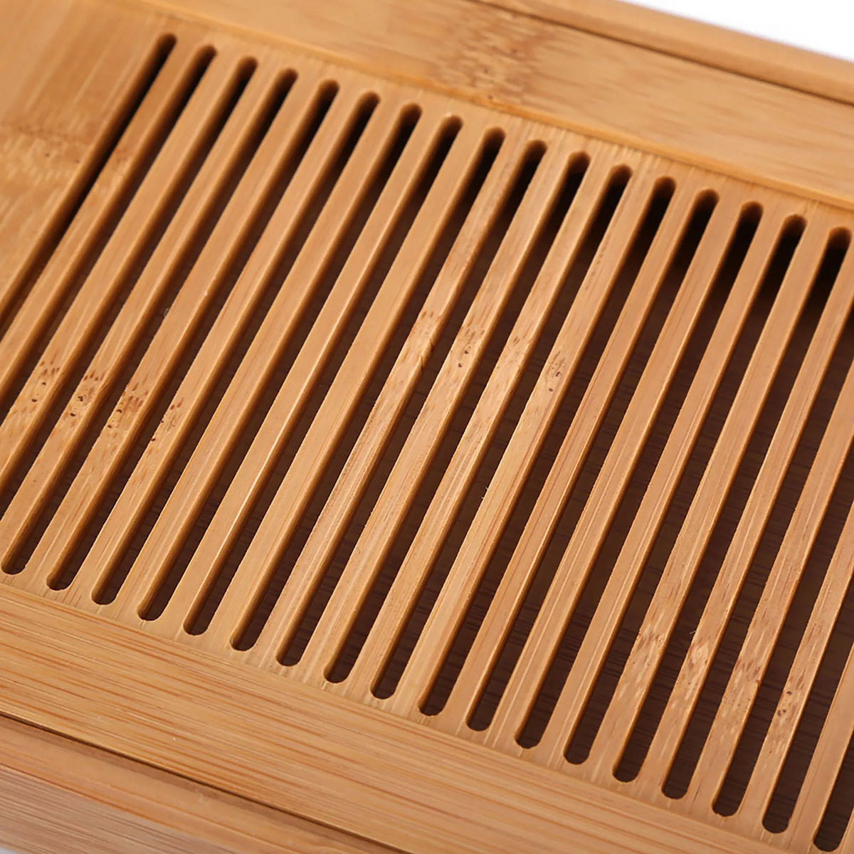 Close view of the narrow bamboo slats that let water drain through