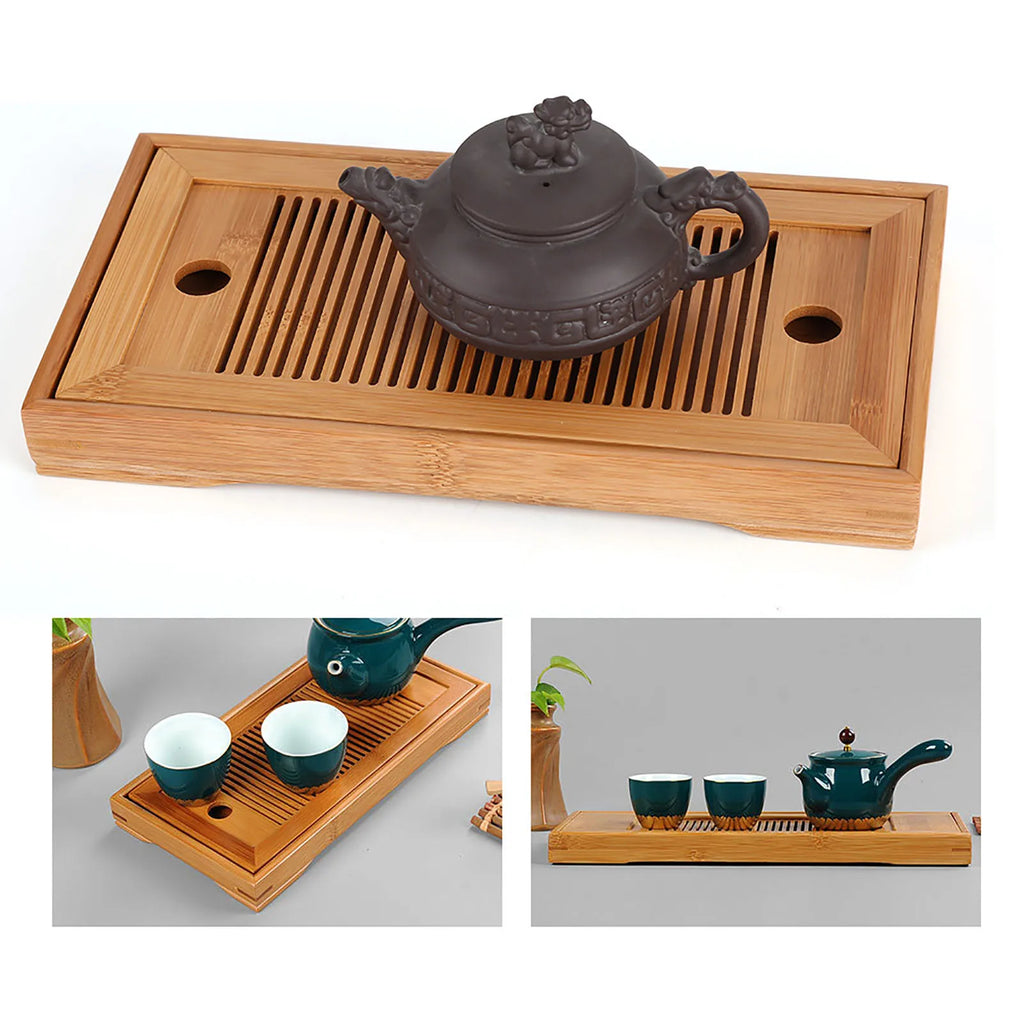 Clay teapot sitting on a slatted bamboo tea tray