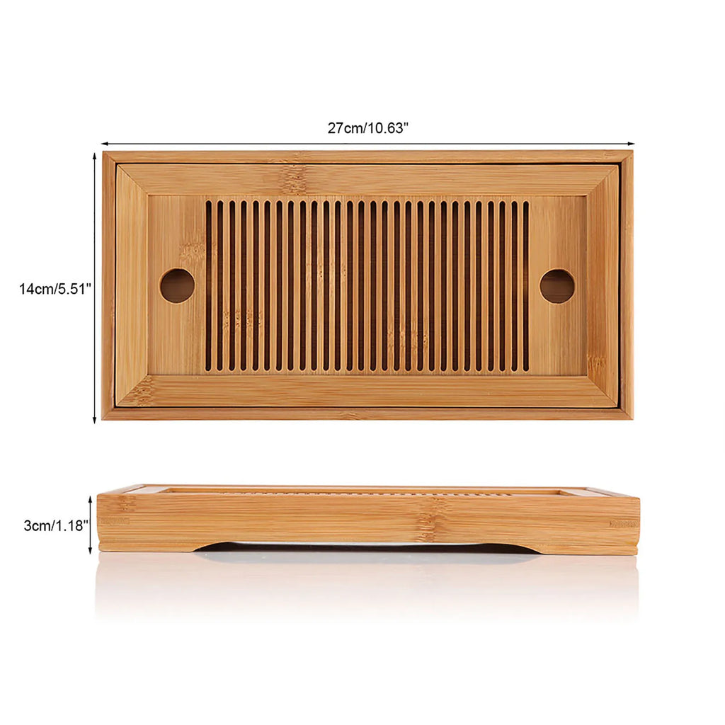 Bamboo tea tray dimensions, 27 by 14 by 3 centimetres