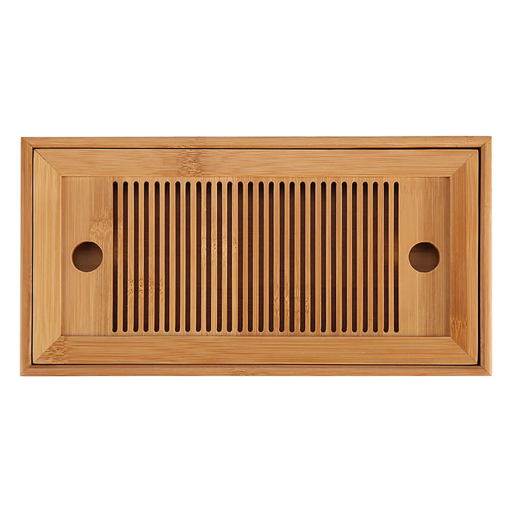 Rectangular bamboo gongfu tea tray with slatted top on a white background