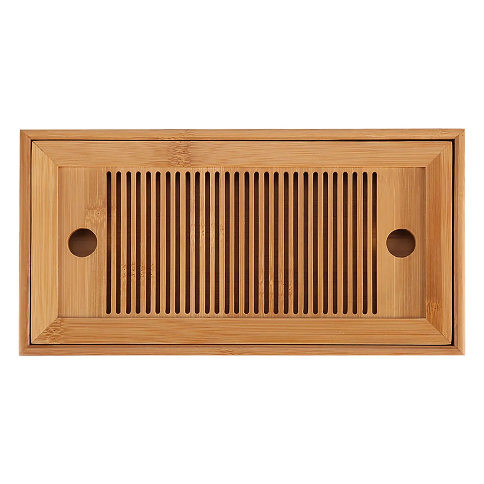 Rectangular bamboo gongfu tea tray with slatted top on a white background