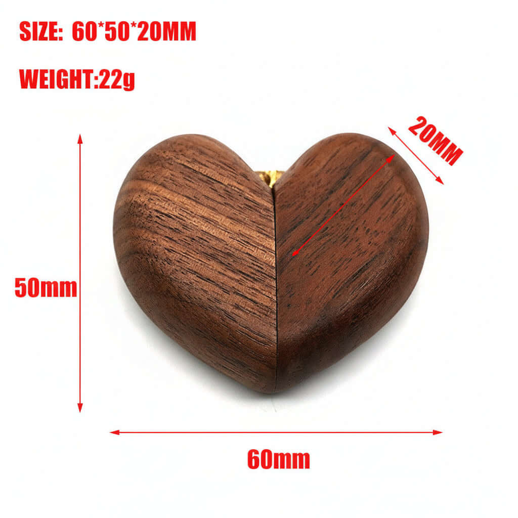 Size chart for the Serein Home wooden heart ring box — 60 x 50 x 20 mm, 22 g