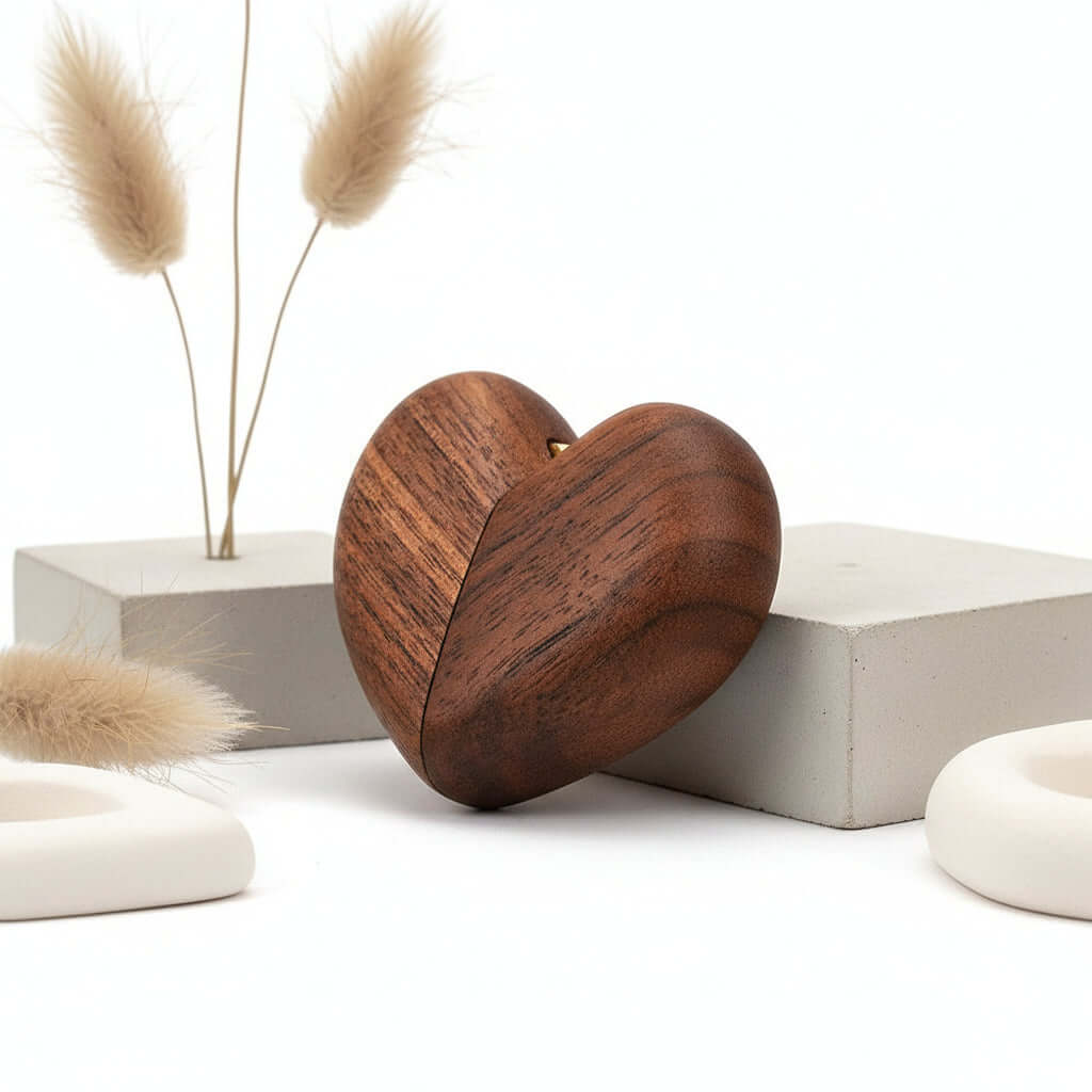 Closed wooden heart ring box leaning on a concrete block with dried bunny tails — Serein Home