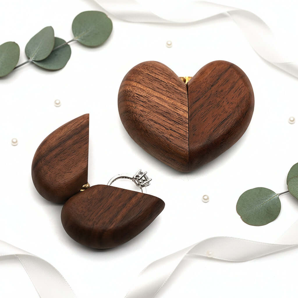 Wooden heart ring box shown open and closed with eucalyptus, ribbon and pearls — Serein Home