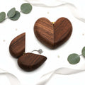 Wooden heart ring box shown open and closed with eucalyptus, ribbon and pearls — Serein Home