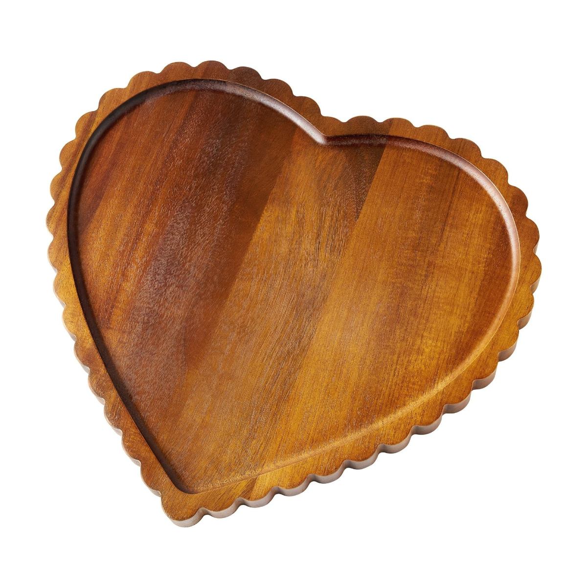Scalloped heart serving tray in solid acacia, seen from above on white — Serein Home