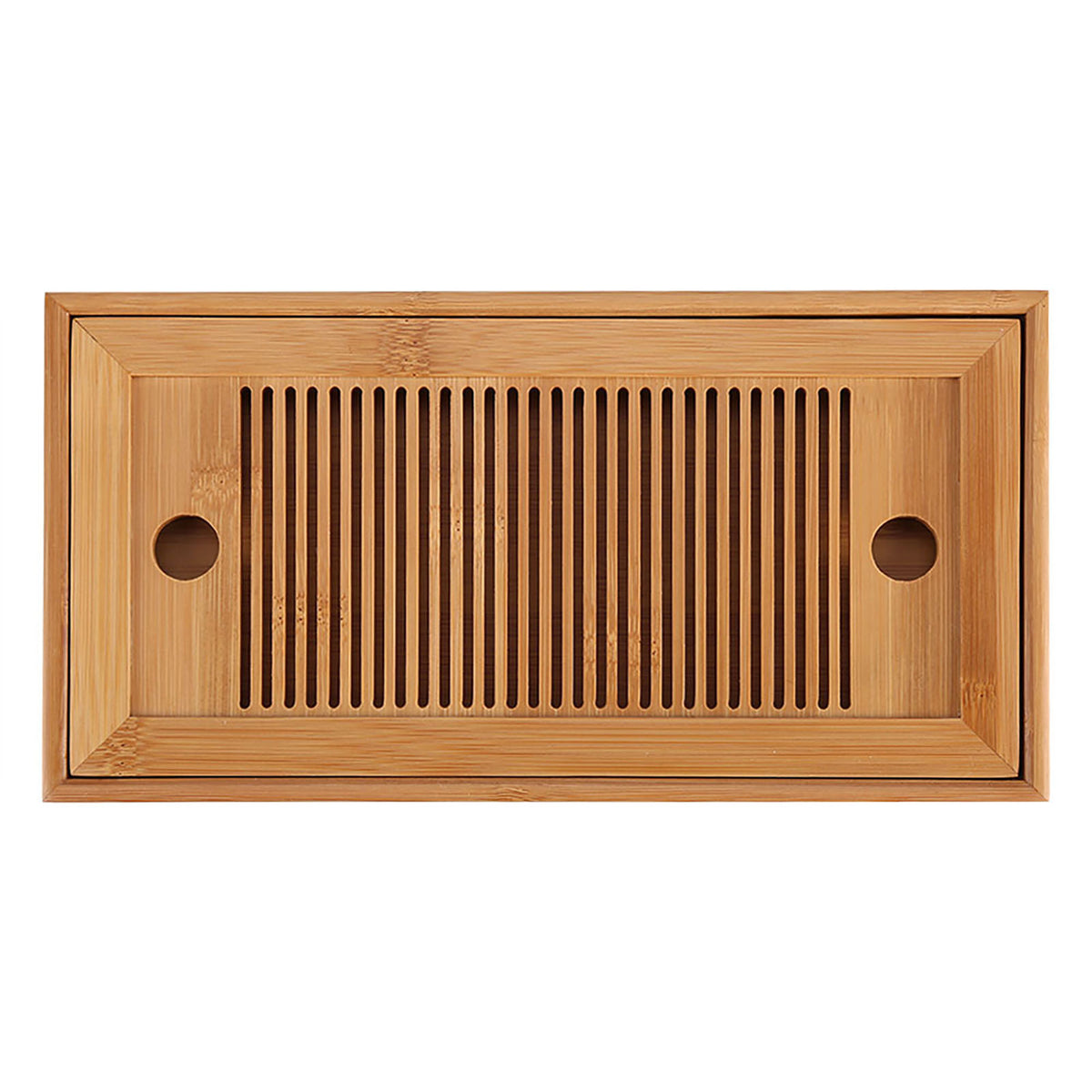 Rectangular bamboo gongfu tea tray with slatted top on a white background