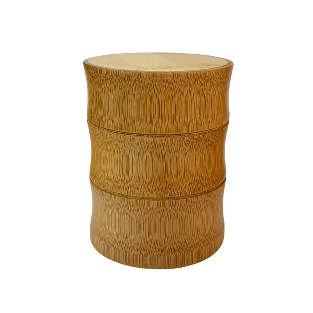 Short bamboo tea canister, 10 cm tall, lid on, photographed on a plain white background, Serein Home