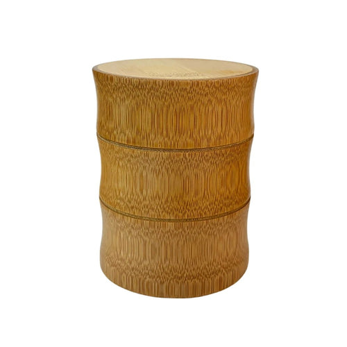 Short bamboo tea canister, 10 cm tall, lid on, photographed on a plain white background, Serein Home