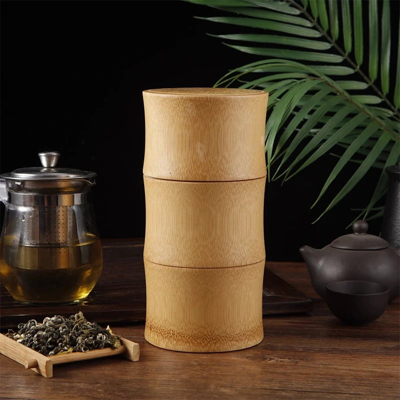 Tall bamboo tea canister, 18 cm, straight sided with fitted lid, next to a glass teapot, Serein Home