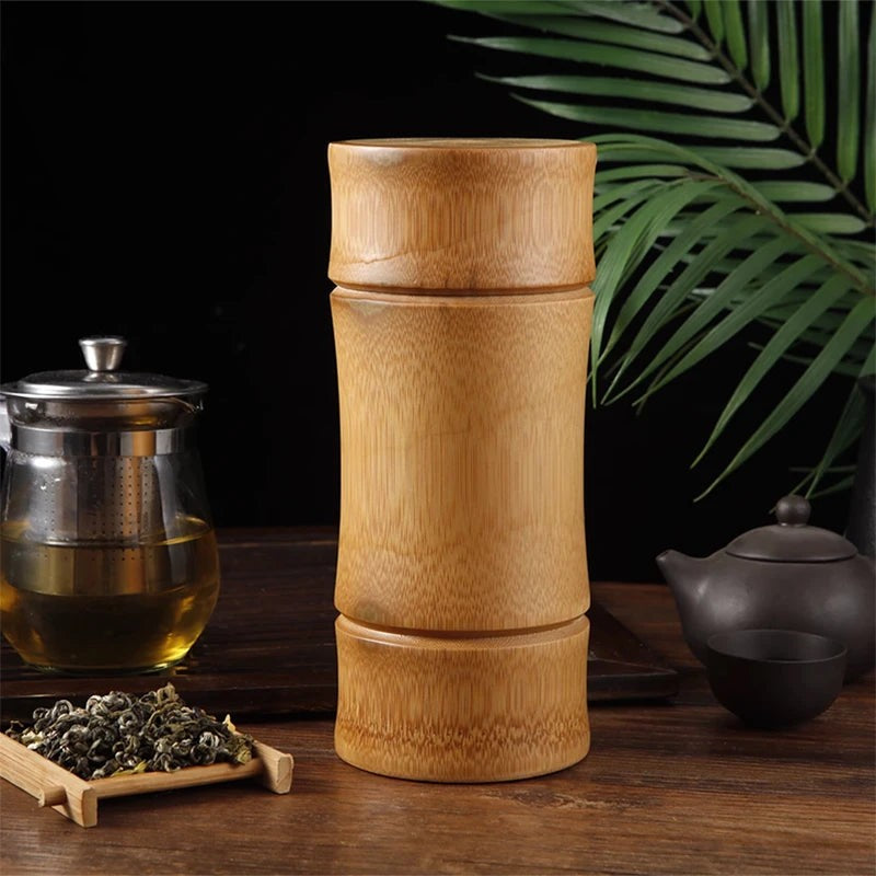 Extra tall bamboo tea canister, 20 cm, with a slim waist and fitted lid, on a tea table, Serein Home