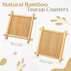 Size guide for square bamboo tea coasters, 9 cm and 12 cm across, Serein Home
