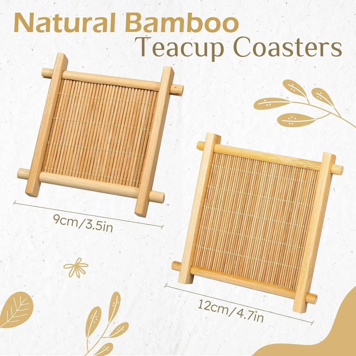 Size guide for square bamboo tea coasters, 9 cm and 12 cm across, Serein Home