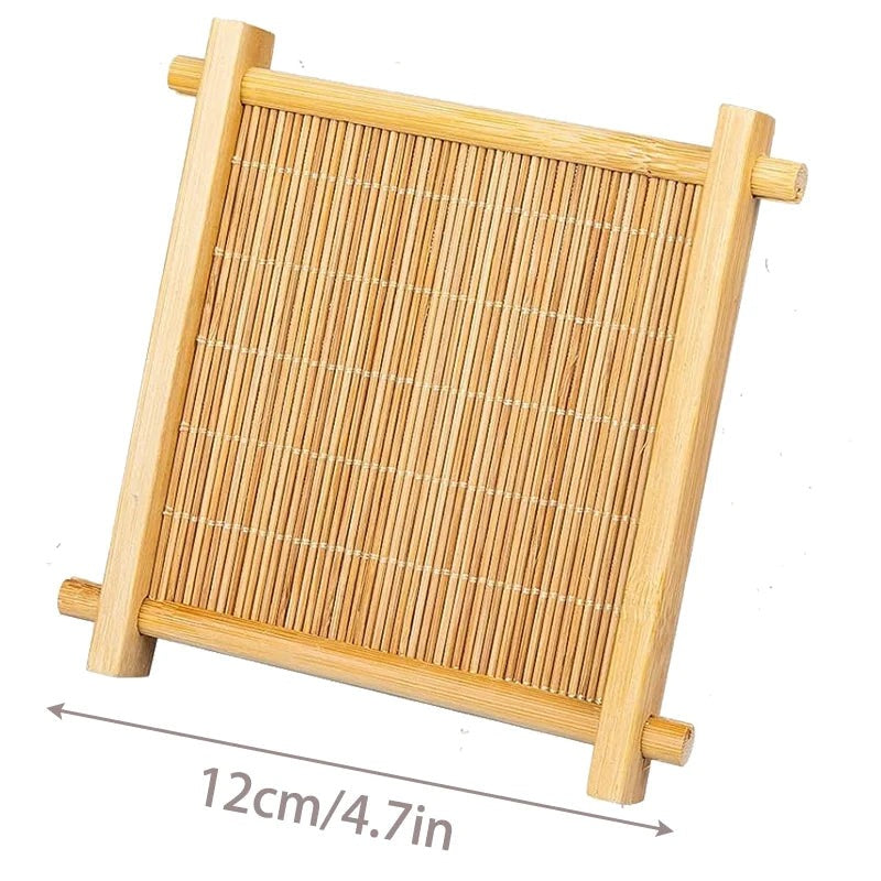 Large 12 cm square bamboo tea coaster with slatted center, on a white background, Serein Home