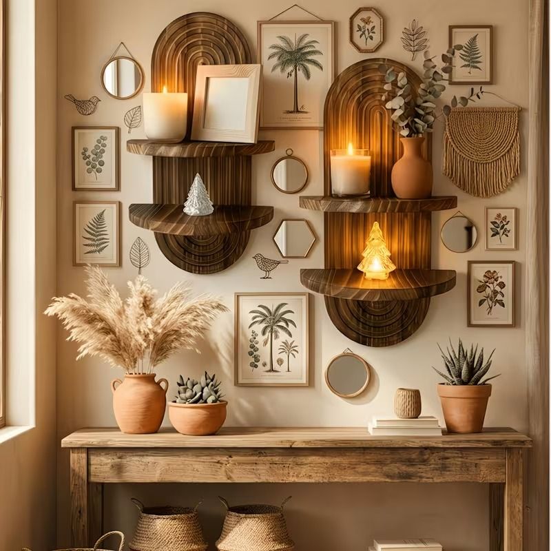 Wall-mounted arched wooden shelf styled with a candle and small frame in an entryway — Serein Home