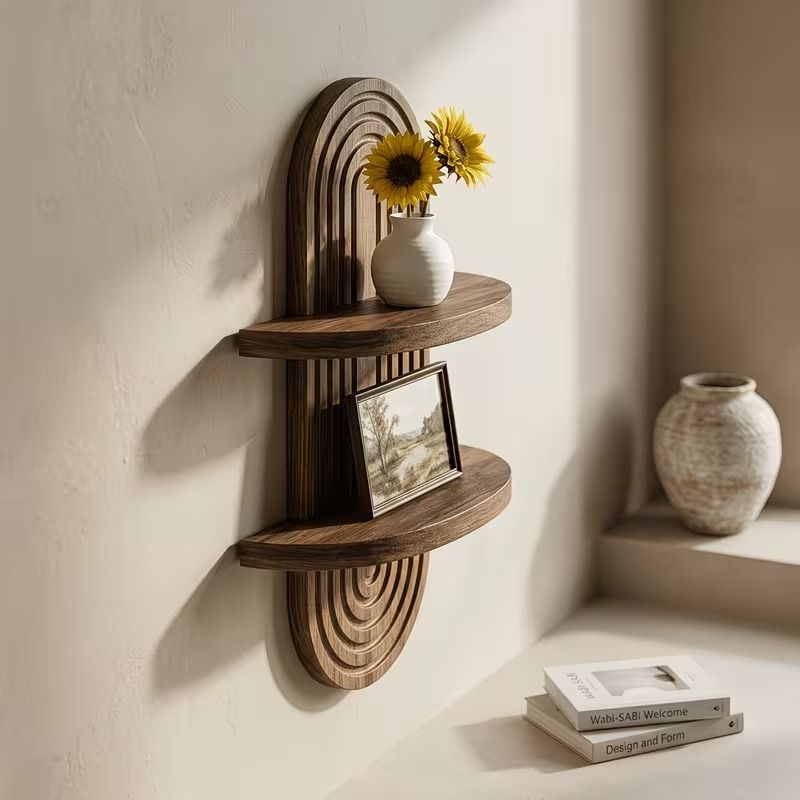 Arched wooden wall shelf on a white brick wall, styled with books, a snake plant and succulents — Serein Home