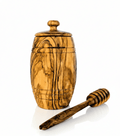 Handcrafted olive wood honey pot with honey dipper, natural grain pattern