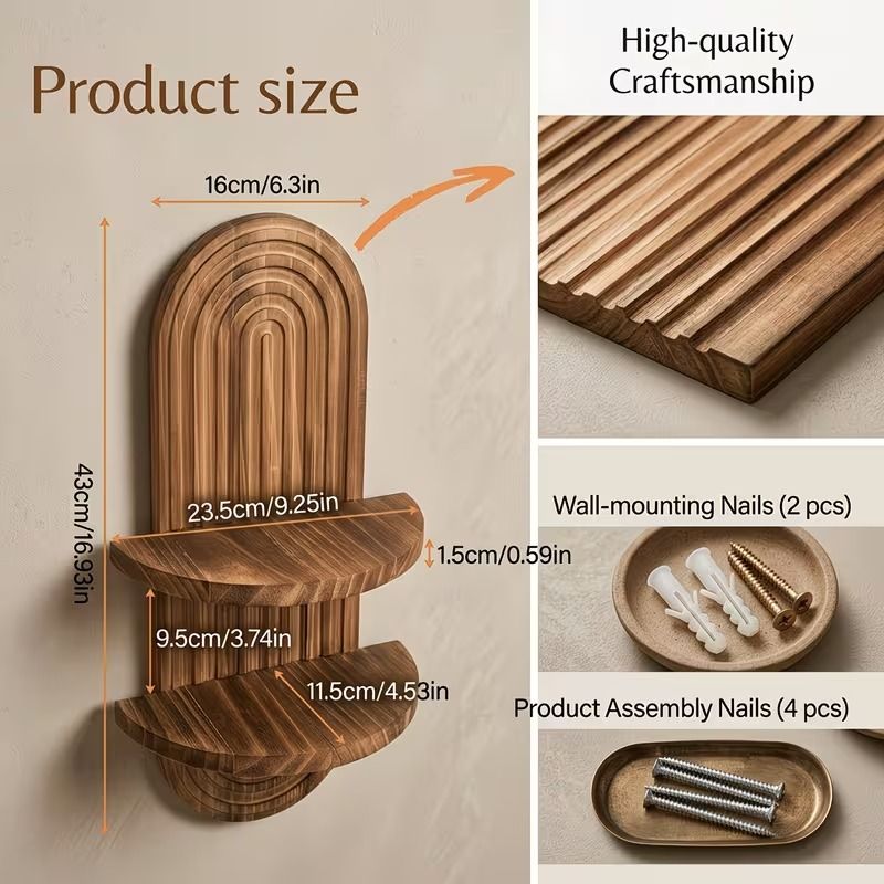 Size chart for the arched two-tier wooden wall plant shelf with dimensions in cm and inches — Serein Home
