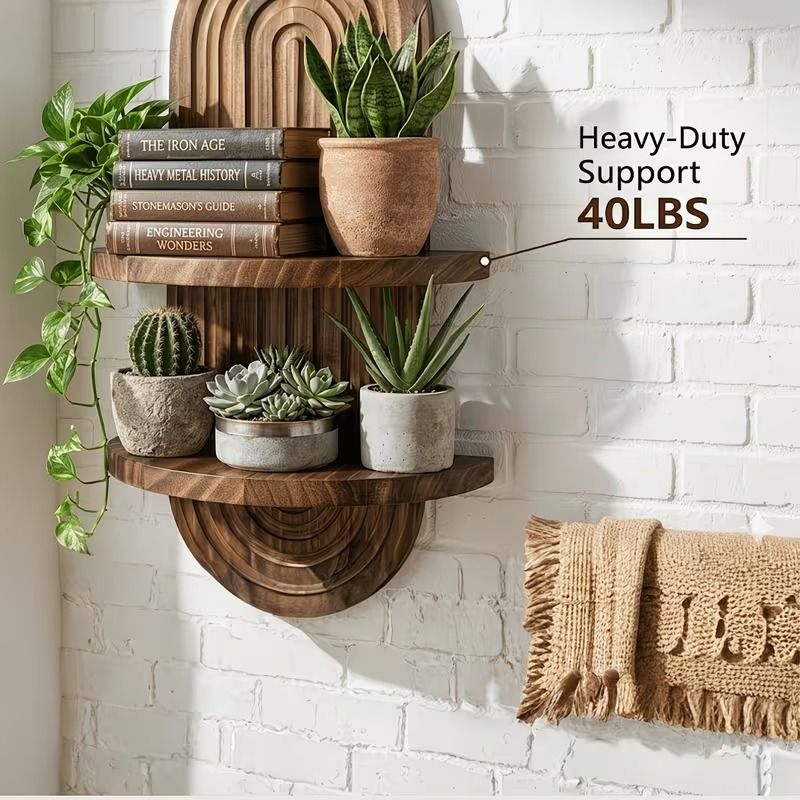 Wooden wall plant shelf holding books and plants, rated to support up to 40 lb — Serein Home
