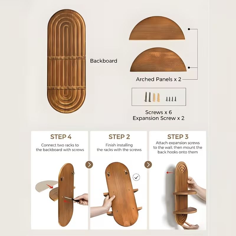 Included mounting screws, wall anchors and assembly nails for the wooden wall shelf — Serein Home