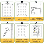Step-by-step installation guide for a wall-mounted shelf with illustrations and text.