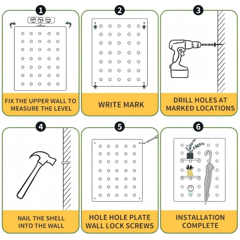 Step-by-step installation guide for a wall-mounted shelf with illustrations and text.