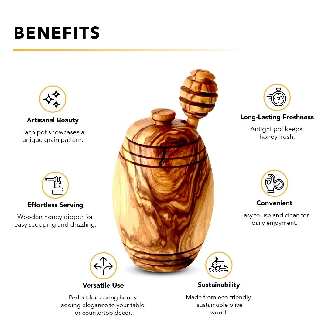 Olive wood honey pot with dipper on kitchen counter-benefits