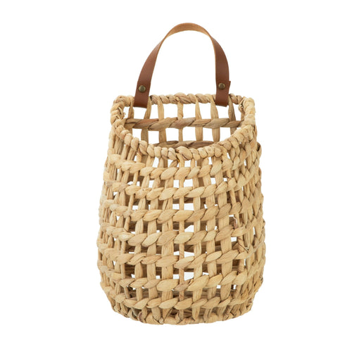 Handwoven water hyacinth hanging basket with a faux leather strap, front view — Serein Home
