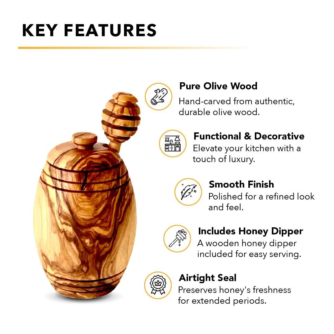 Olive wood honey pot with dipper on kitchen counter-key fetures