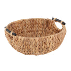 Natural woven water hyacinth decorative bowl with wooden handles, front view — Serein Home